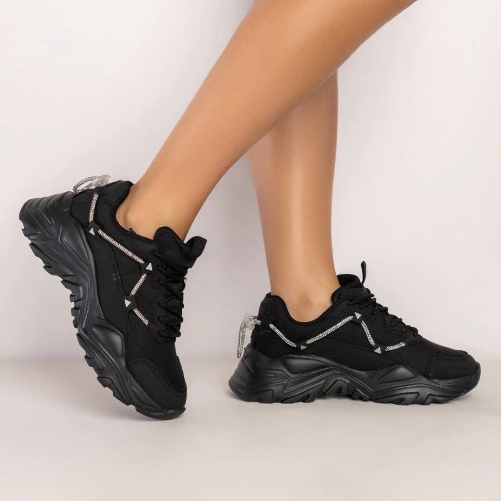 Black Women's Platform Sneakers with Rhinestone Cord Detail